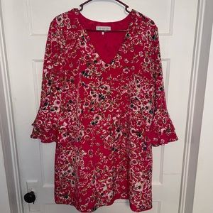 WAYF Pink Floral Mini Dress with Long Bell Sleeves